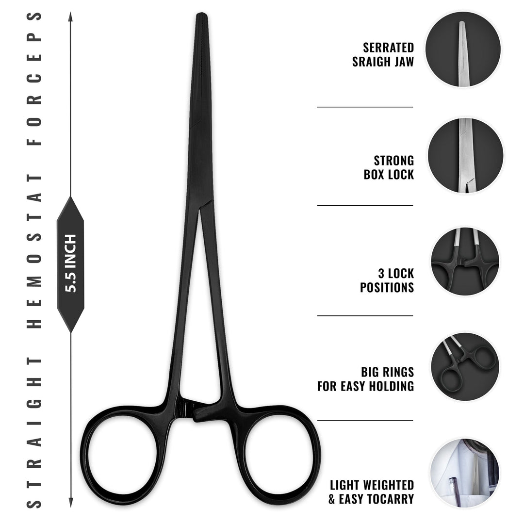 A diagram of 5.5-inch straight Tactical Black hemostat forceps made of stainless steel. Callouts highlight the serrated straight jaw, strong box lock, three-position locking mechanism, and large finger rings for easy holding and lightweight portability.