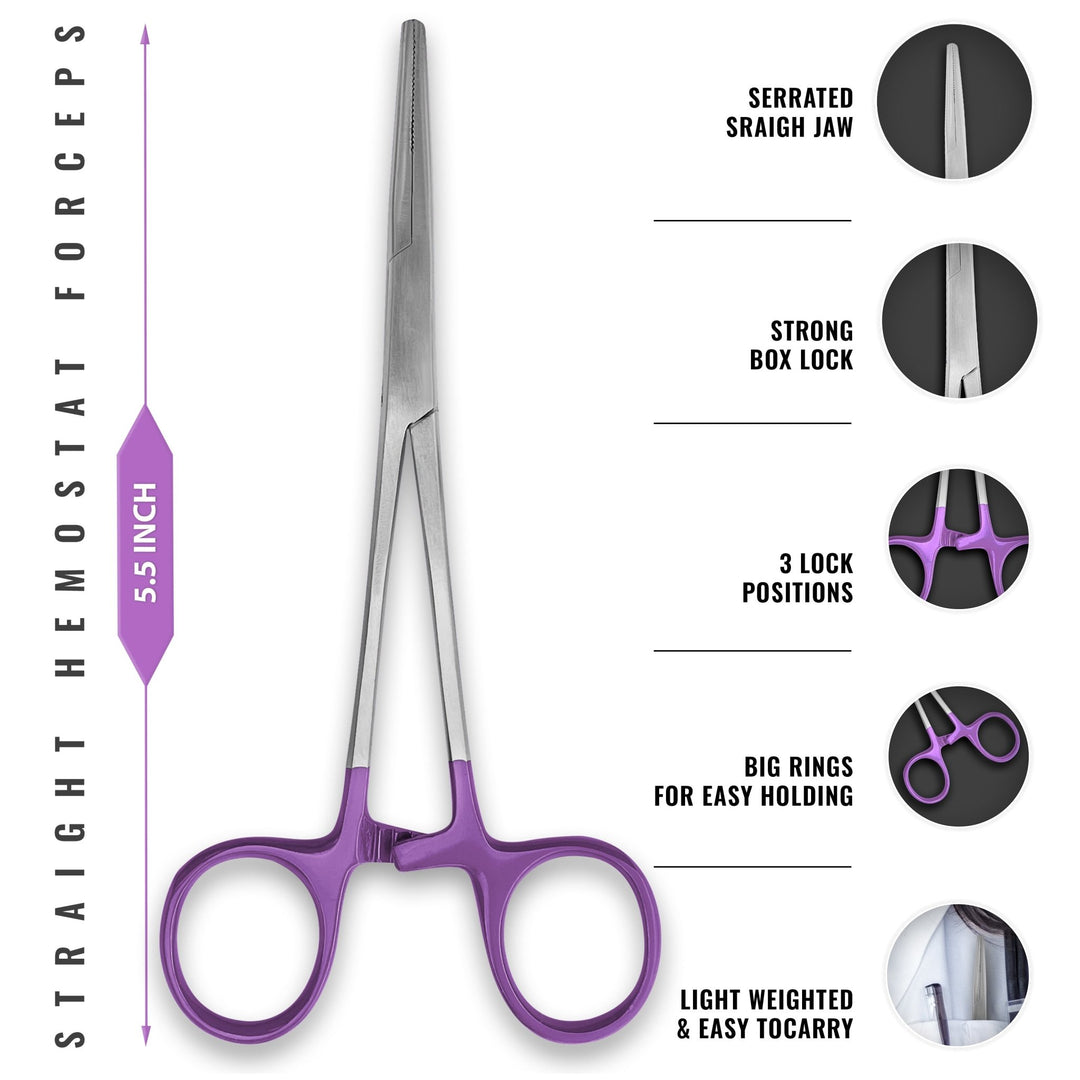 A diagram of 5.5-inch straight hemostat forceps made of stainless steel. Callouts highlight the serrated straight jaw, strong box lock, three-position locking mechanism, and large finger rings for easy holding and lightweight portability.