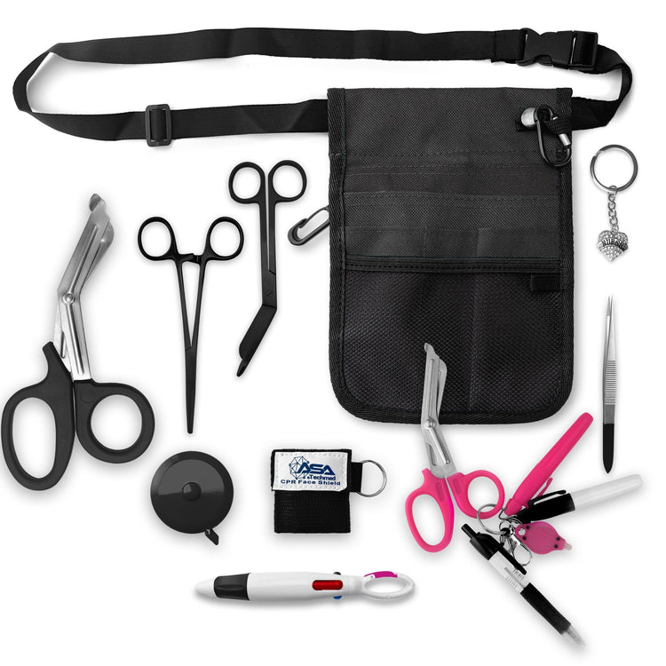A top-down view displaying all items included in the kit laid out separately: the black organizer pouch, adjustable black belt, large black trauma shears, smaller bandage scissors, straight hemostats, black tape measure, CPR face shield keychain, tweezers, a 4-color carabiner pen, permanent markers, and a rhinestone heart charm.