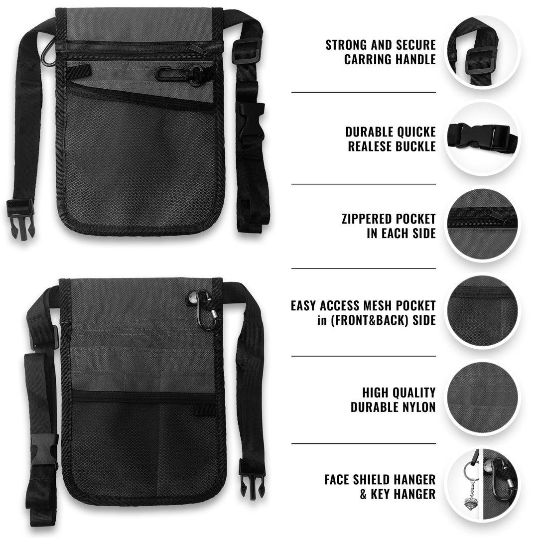 Front and back views of the gray nylon nurse organizer pouch. Features highlighted include a strong carrying handle, durable quick-release buckle, zippered pockets on each side, easy-access mesh pockets on the front and back, and a specific hanger for keys or a face shield.