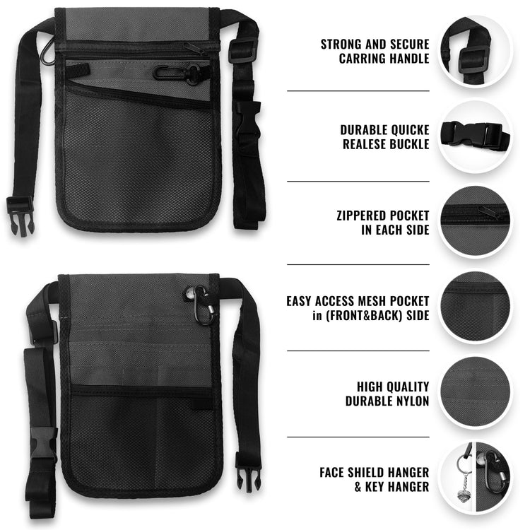 Front and back views of the gray nylon nurse organizer pouch. Features highlighted include a strong carrying handle, durable quick-release buckle, zippered pockets on each side, easy-access mesh pockets on the front and back, and a specific hanger for keys or a face shield.