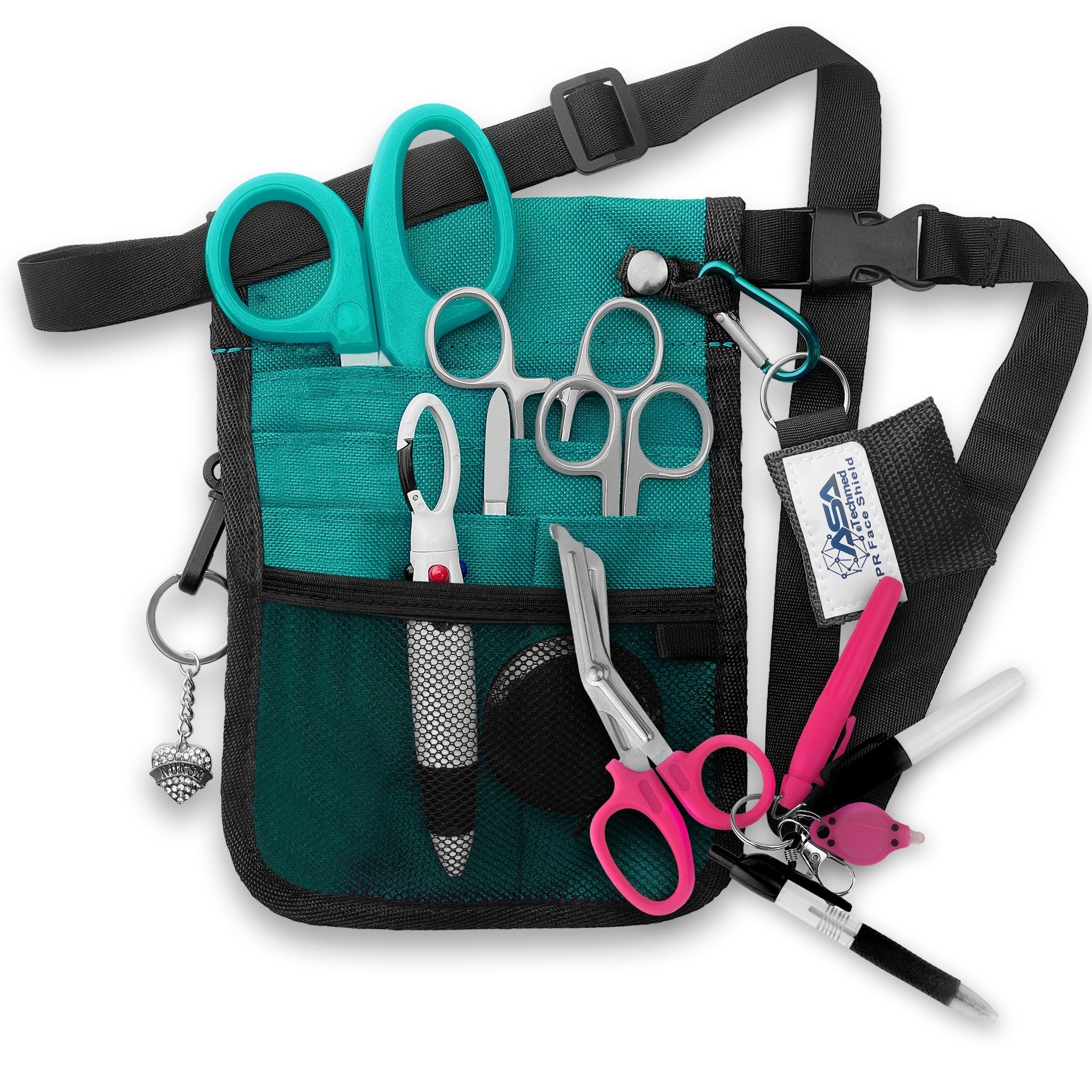 A fully assembled turquoise nursing organizer pouch attached to a black adjustable waist strap. The pouch is filled with medical supplies, including turquoise-handled trauma shears, hemostats, a CPR face shield keychain, a retractable tape measure, and various writing instruments. A decorative turquoise heart charm hangs from the side.