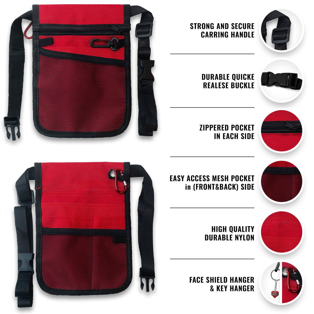 Front and back views of the red nylon nurse organizer pouch. Features highlighted include a strong carrying handle, durable quick-release buckle, zippered pockets on each side, easy-access mesh pockets on the front and back, and a specific hanger for keys or a face shield.