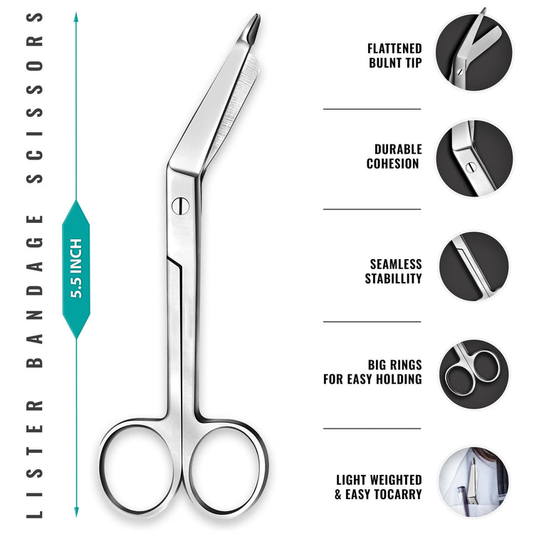 A diagram of 5.5-inch Lister bandage scissors. Text descriptions point out the flattened blunt tip for safety, durable cohesion, seamless stability, and large finger rings designed for easy handling.