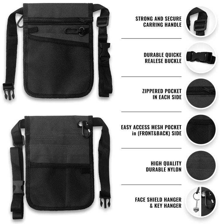Front and back views of the black nylon nurse organizer pouch. Features highlighted include a strong carrying handle, durable quick-release buckle, zippered pockets on each side, easy-access mesh pockets on the front and back, and a specific hanger for keys or a face shield.