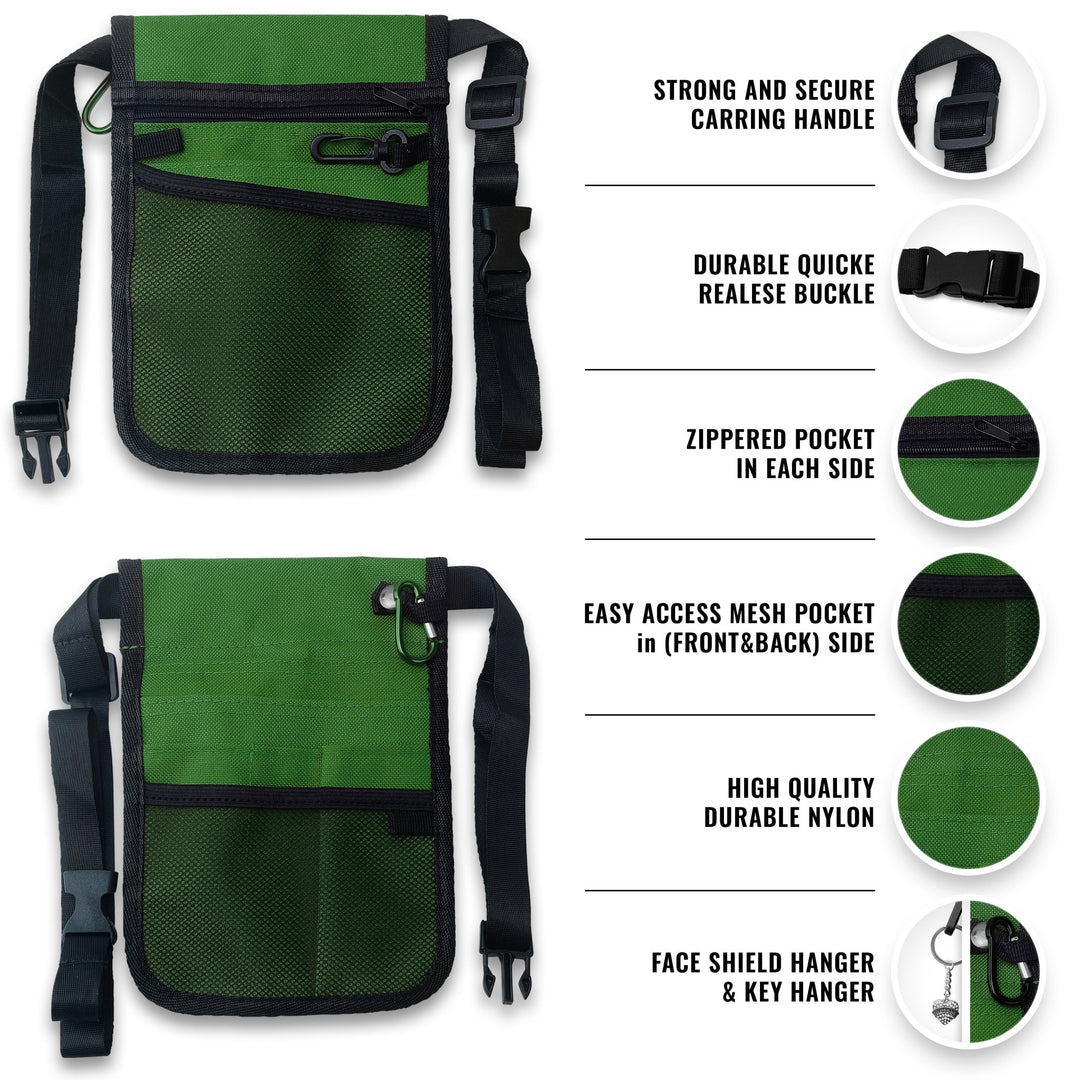 Front and back views of the green nylon nurse organizer pouch. Features highlighted include a strong carrying handle, durable quick-release buckle, zippered pockets on each side, easy-access mesh pockets on the front and back, and a specific hanger for keys or a face shield.