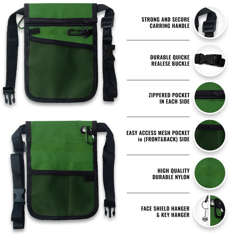 Front and back views of the green nylon nurse organizer pouch. Features highlighted include a strong carrying handle, durable quick-release buckle, zippered pockets on each side, easy-access mesh pockets on the front and back, and a specific hanger for keys or a face shield.