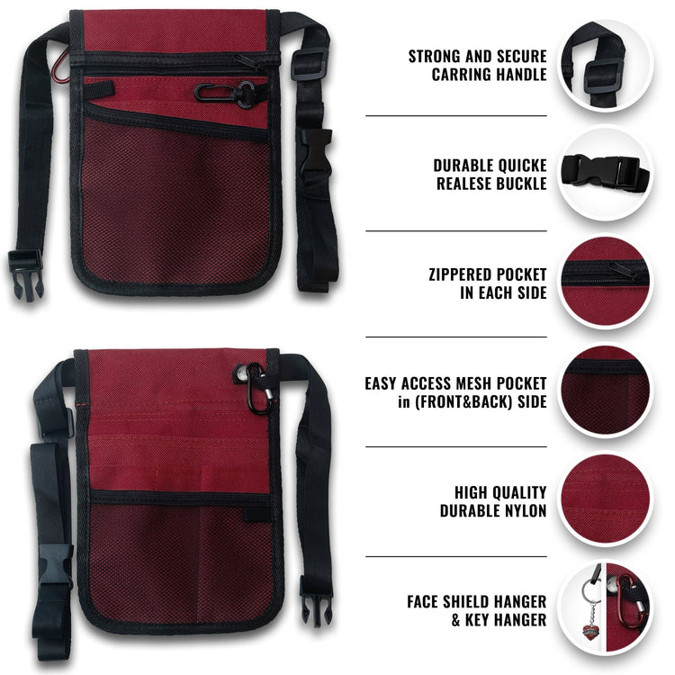 Front and back views of the burgundy nylon nurse organizer pouch. Features highlighted include a strong carrying handle, durable quick-release buckle, zippered pockets on each side, easy-access mesh pockets on the front and back, and a specific hanger for keys or a face shield.