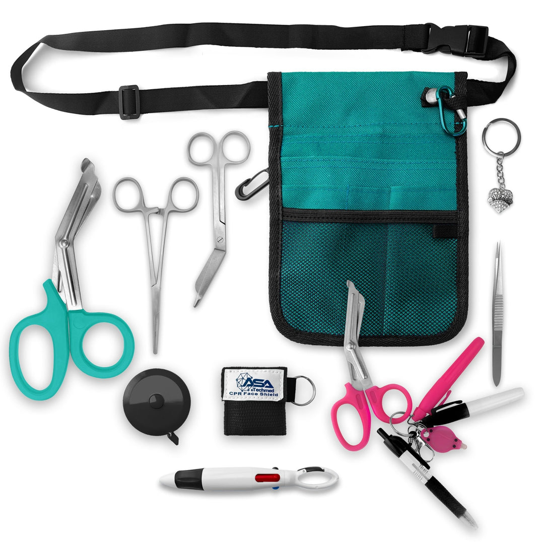 A top-down view displaying all items included in the kit laid out separately: the turquoise organizer pouch, adjustable black belt, large turquoise trauma shears, smaller bandage scissors, straight hemostats, turquoise tape measure, CPR face shield keychain, tweezers, a 4-color carabiner pen, permanent markers, and a rhinestone heart charm.