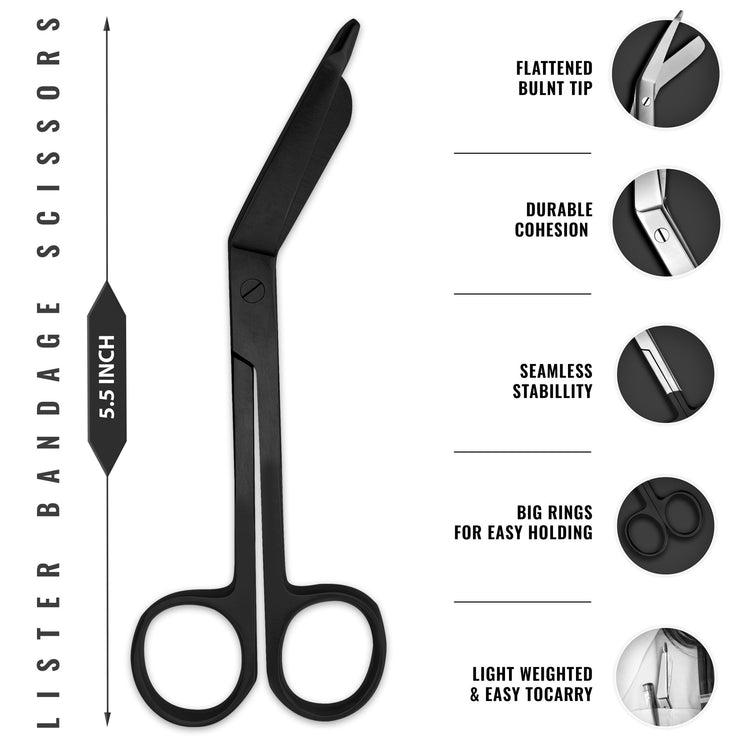 A diagram of 5.5-inch Tactical Black Lister bandage scissors. Text descriptions point out the flattened blunt tip for safety, durable cohesion, seamless stability, and large finger rings designed for easy handling.