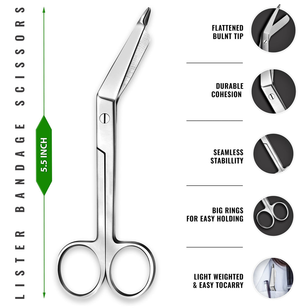 A diagram of 5.5-inch Lister bandage scissors. Text descriptions point out the flattened blunt tip for safety, durable cohesion, seamless stability, and large finger rings designed for easy handling.