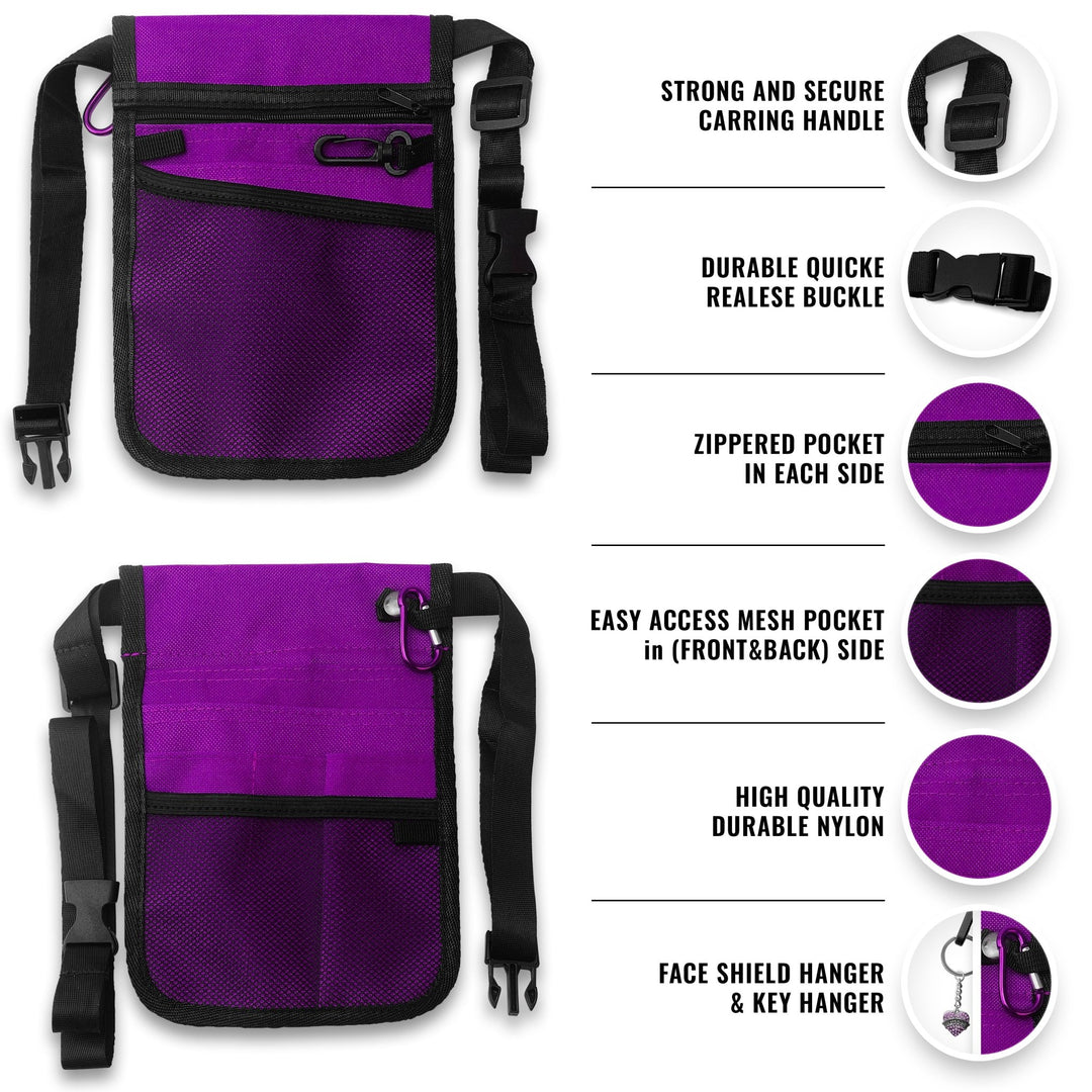 Front and back views of the purple nylon nurse organizer pouch. Features highlighted include a strong carrying handle, durable quick-release buckle, zippered pockets on each side, easy-access mesh pockets on the front and back, and a specific hanger for keys or a face shield.