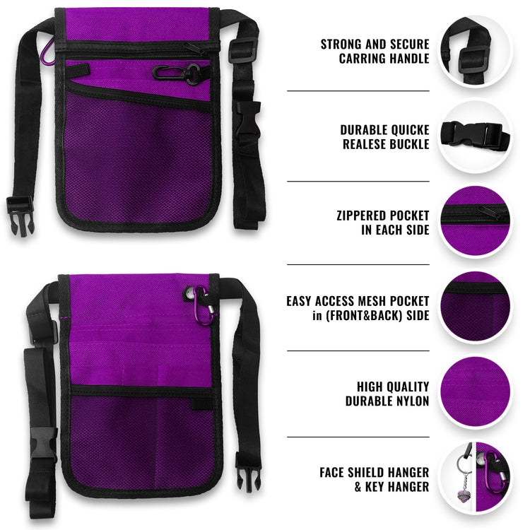 Front and back views of the purple nylon nurse organizer pouch. Features highlighted include a strong carrying handle, durable quick-release buckle, zippered pockets on each side, easy-access mesh pockets on the front and back, and a specific hanger for keys or a face shield.