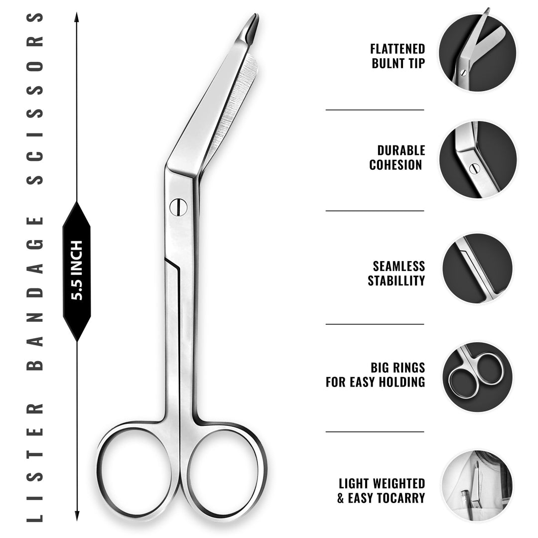 A diagram of 5.5-inch Lister bandage scissors. Text descriptions point out the flattened blunt tip for safety, durable cohesion, seamless stability, and large finger rings designed for easy handling.