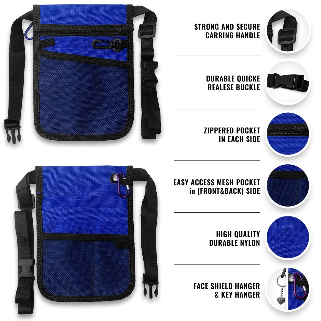 Front and back views of the blue nylon nurse organizer pouch. Features highlighted include a strong carrying handle, durable quick-release buckle, zippered pockets on each side, easy-access mesh pockets on the front and back, and a specific hanger for keys or a face shield.