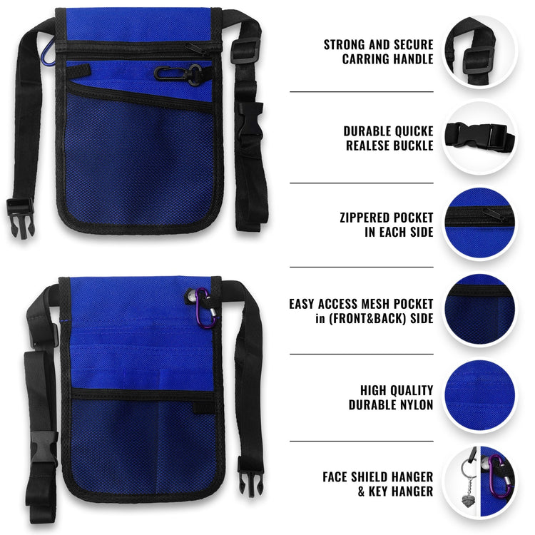 Front and back views of the blue nylon nurse organizer pouch. Features highlighted include a strong carrying handle, durable quick-release buckle, zippered pockets on each side, easy-access mesh pockets on the front and back, and a specific hanger for keys or a face shield.