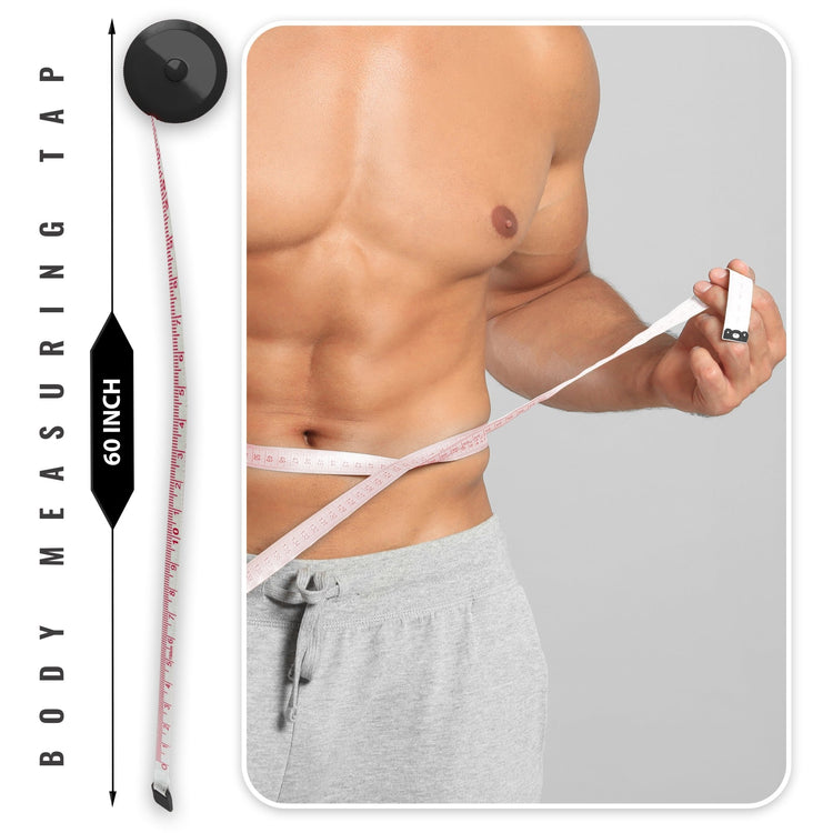 A black circular retractable body measuring tape shown next to a model measuring their waist. The graphic indicates the tape has a maximum length of 60 inches.