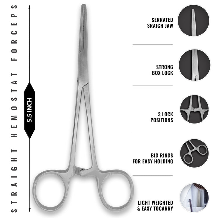 A diagram of 5.5-inch straight hemostat forceps made of stainless steel. Callouts highlight the serrated straight jaw, strong box lock, three-position locking mechanism, and large finger rings for easy holding and lightweight portability.
