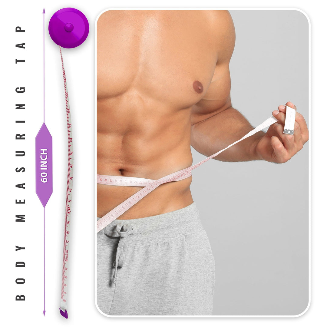 A purple circular retractable body measuring tape shown next to a model measuring their waist. The graphic indicates the tape has a maximum length of 60 inches.