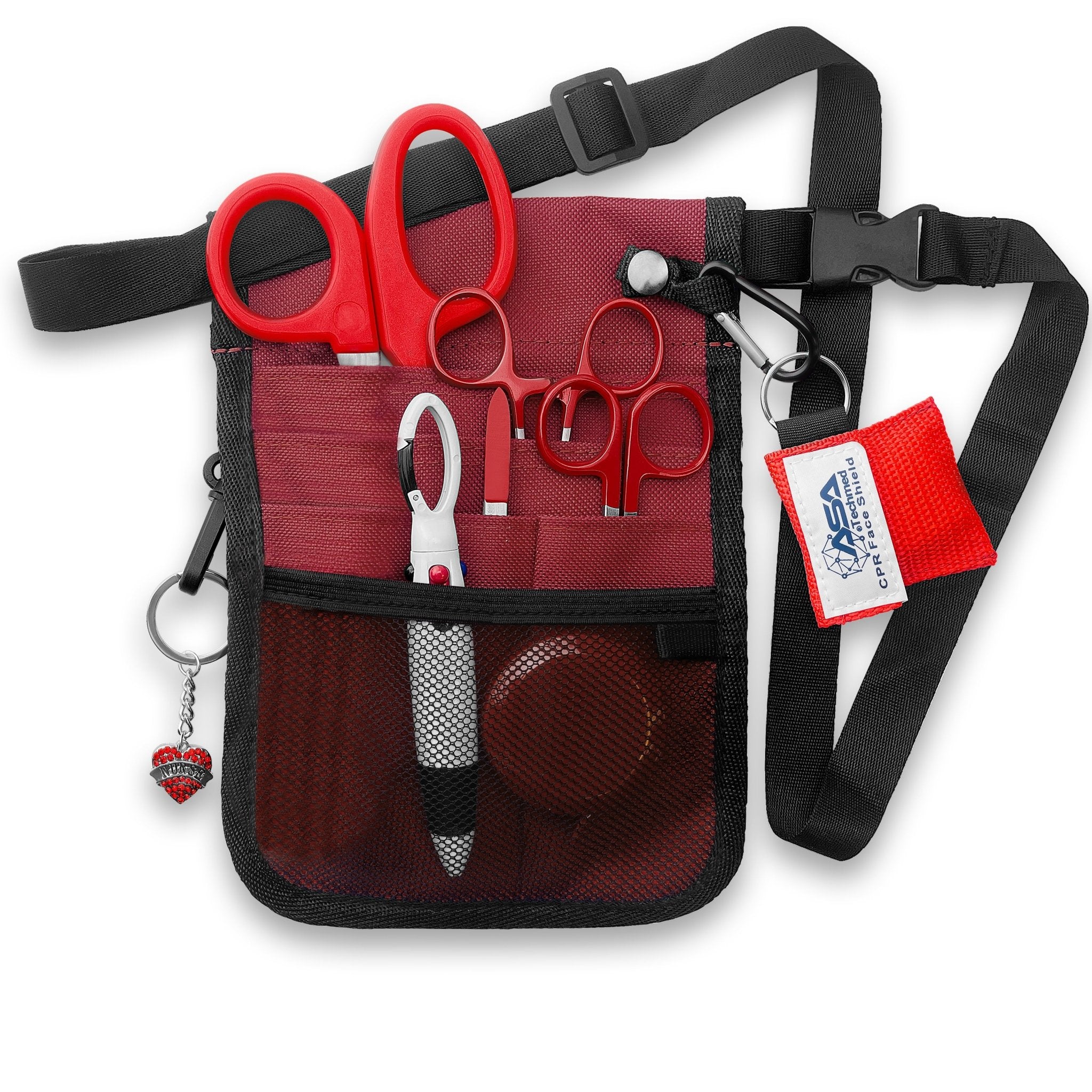 The burgundy nurse organizer shown fully packed with all the included tools. The shears, scissors, and hemostats are tucked into the slip pockets, while the tape measure and pens sit in the mesh pocket. The CPR face shield and heart charm are clipped to the exterior rings, demonstrating how the kit looks when ready for use.
