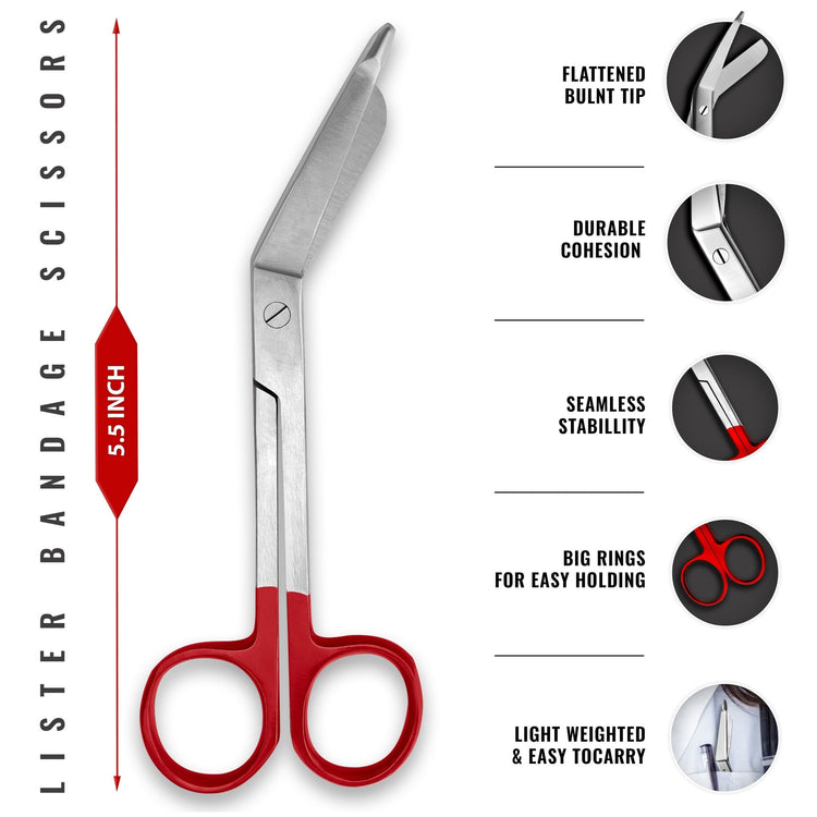 A diagram of 5.5-inch Lister bandage scissors. Text descriptions point out the flattened blunt tip for safety, durable cohesion, seamless stability, and large finger rings designed for easy handling.