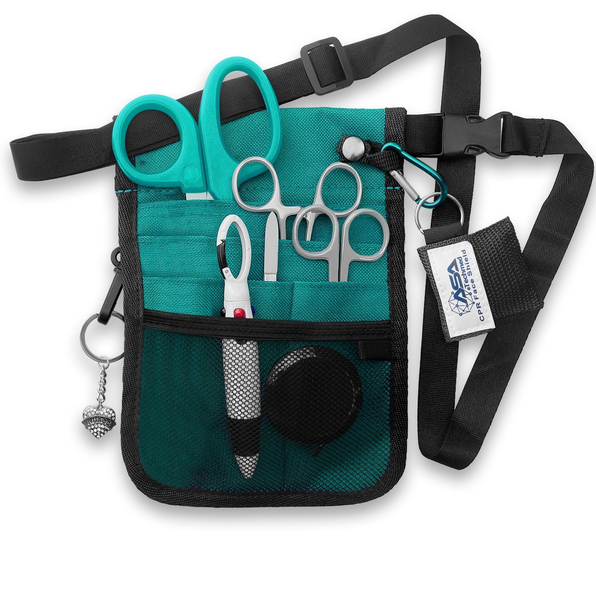 The turquoise nurse organizer shown fully packed with all the included tools. The shears, scissors, and hemostats are tucked into the slip pockets, while the tape measure and pens sit in the mesh pocket. The CPR face shield and heart charm are clipped to the exterior rings, demonstrating how the kit looks when ready for use.