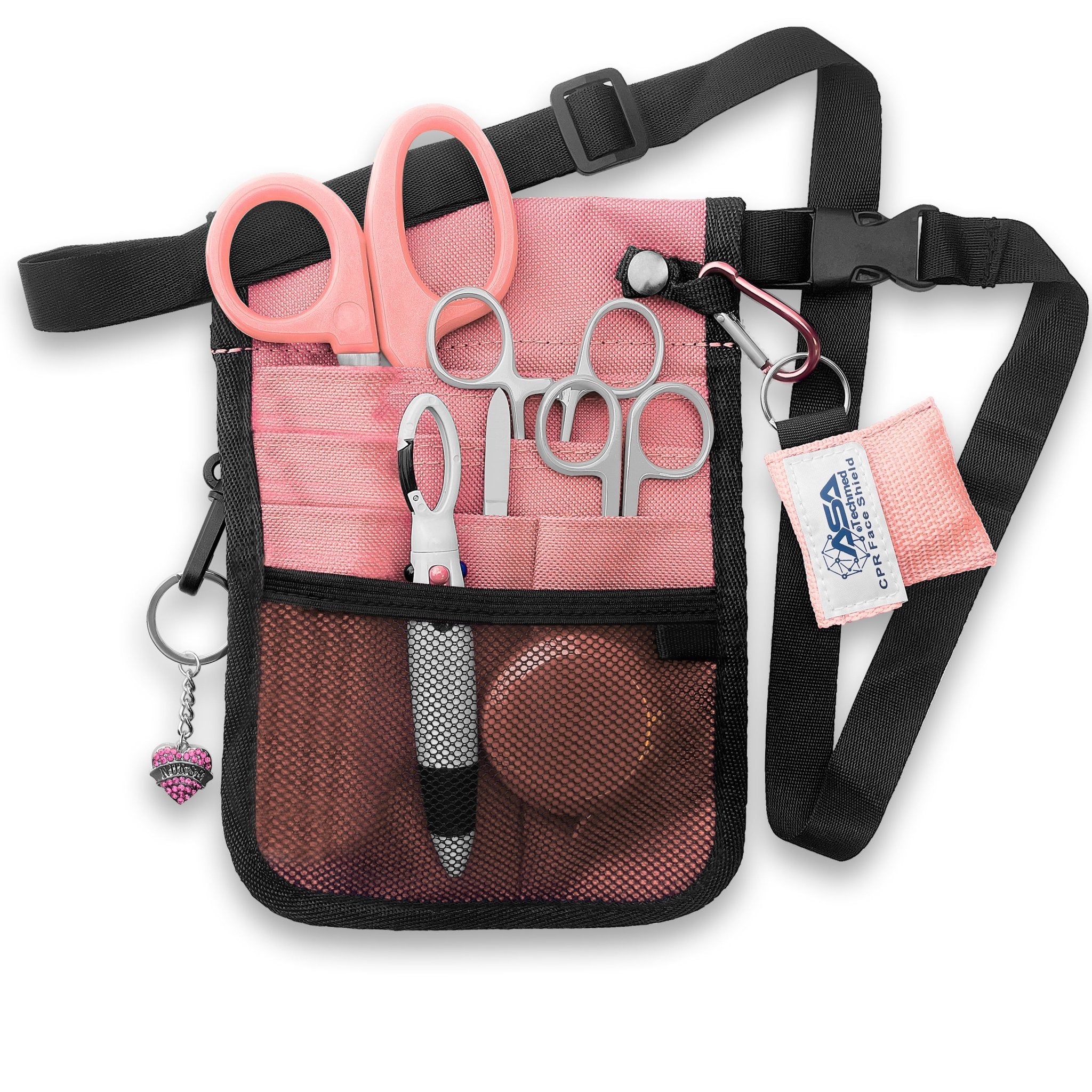 The pink nurse organizer shown fully packed with all the included tools. The shears, scissors, and hemostats are tucked into the slip pockets, while the tape measure and pens sit in the mesh pocket. The CPR face shield and heart charm are clipped to the exterior rings, demonstrating how the kit looks when ready for use.