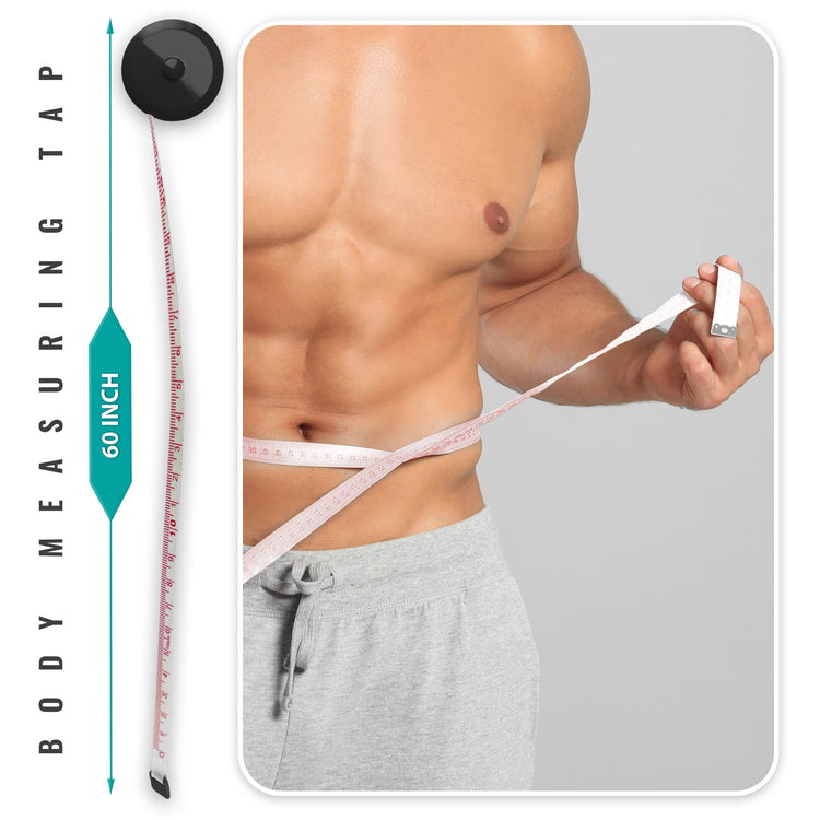 A black circular retractable body measuring tape shown next to a model measuring their waist. The graphic indicates the tape has a maximum length of 60 inches.