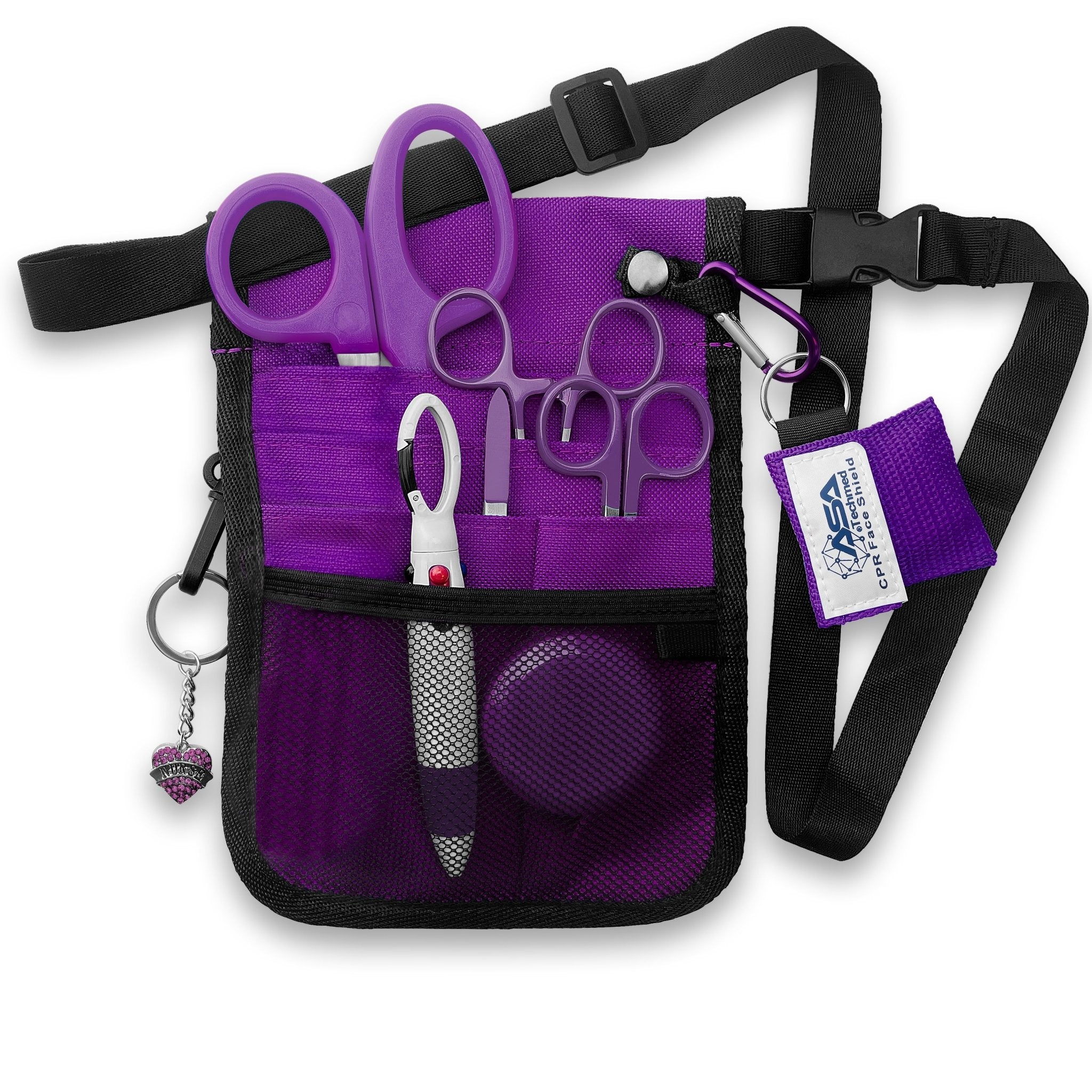 The purple nurse organizer shown fully packed with all the included tools. The shears, scissors, and hemostats are tucked into the slip pockets, while the tape measure and pens sit in the mesh pocket. The CPR face shield and heart charm are clipped to the exterior rings, demonstrating how the kit looks when ready for use.