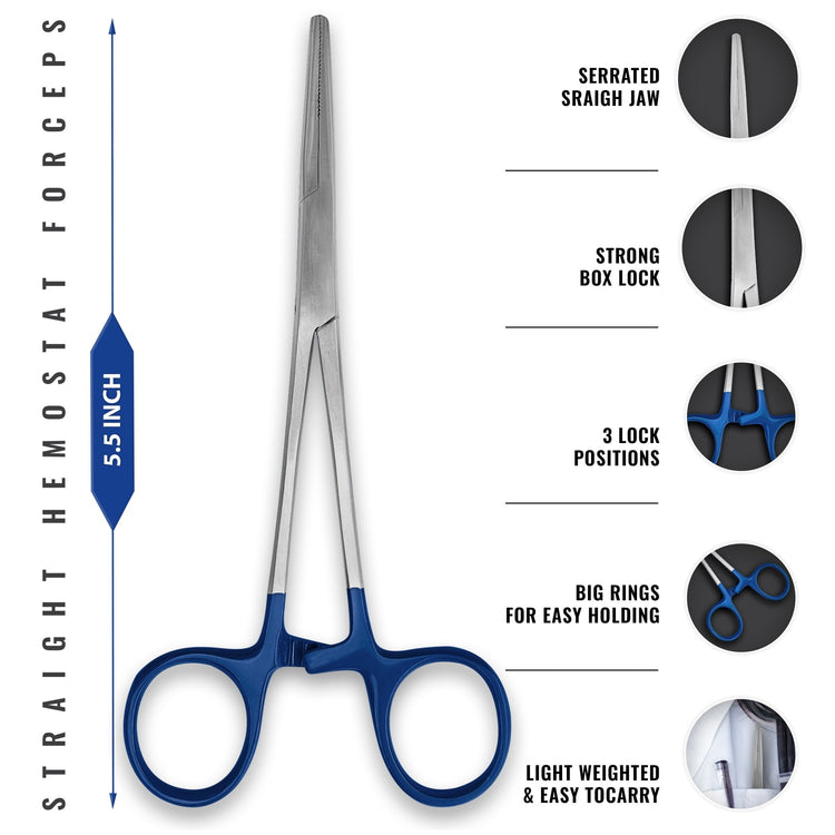 A diagram of 5.5-inch straight hemostat forceps made of stainless steel. Callouts highlight the serrated straight jaw, strong box lock, three-position locking mechanism, and large finger rings for easy holding and lightweight portability.