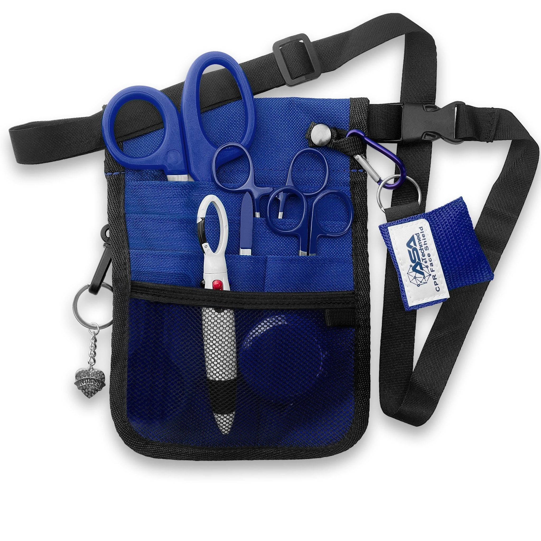 The blue nurse organizer shown fully packed with all the included tools. The shears, scissors, and hemostats are tucked into the slip pockets, while the tape measure and pens sit in the mesh pocket. The CPR face shield and heart charm are clipped to the exterior rings, demonstrating how the kit looks when ready for use.