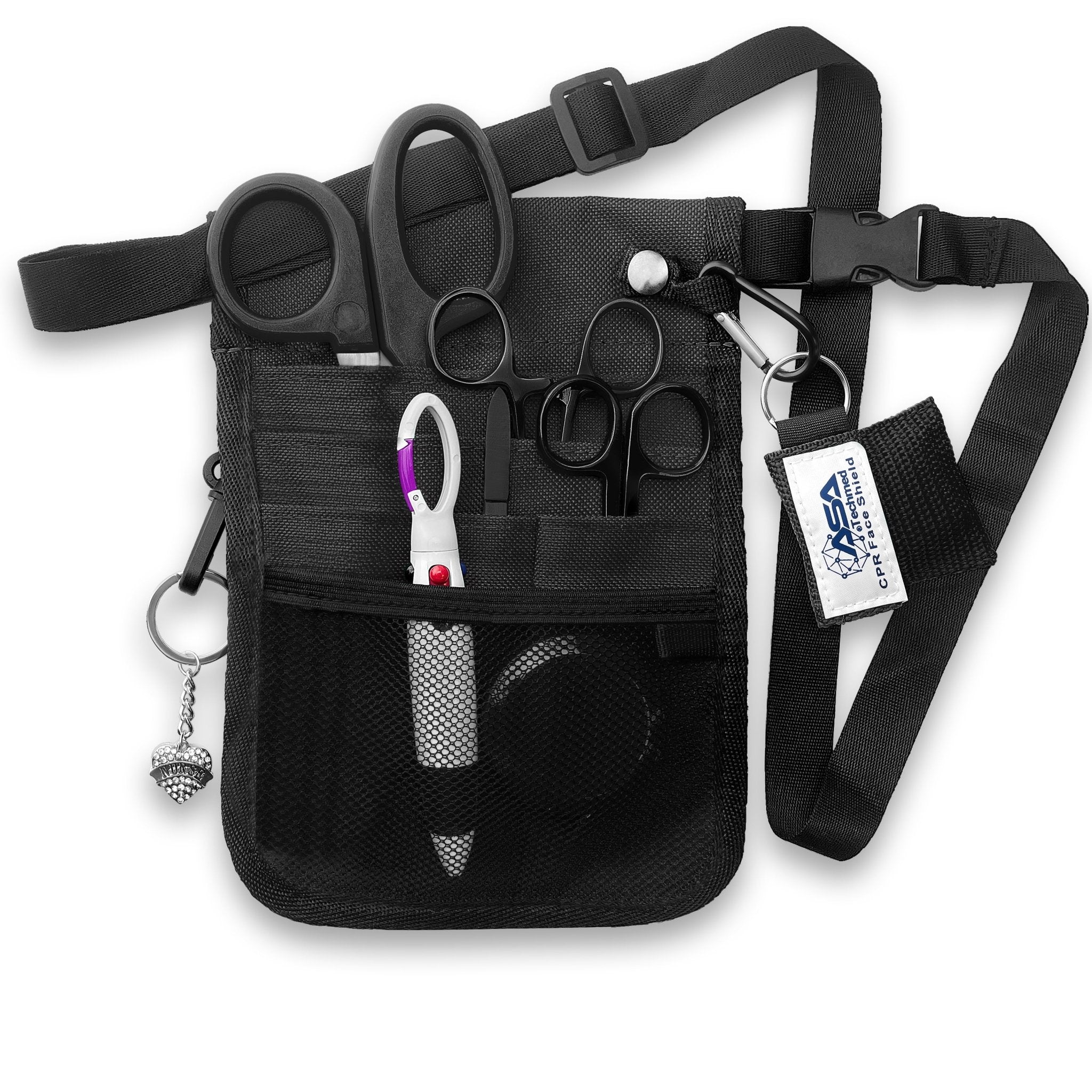 The black nurse organizer shown fully packed with all the included tools. The shears, scissors, and hemostats are tucked into the slip pockets, while the tape measure and pens sit in the mesh pocket. The CPR face shield and heart charm are clipped to the exterior rings, demonstrating how the kit looks when ready for use.