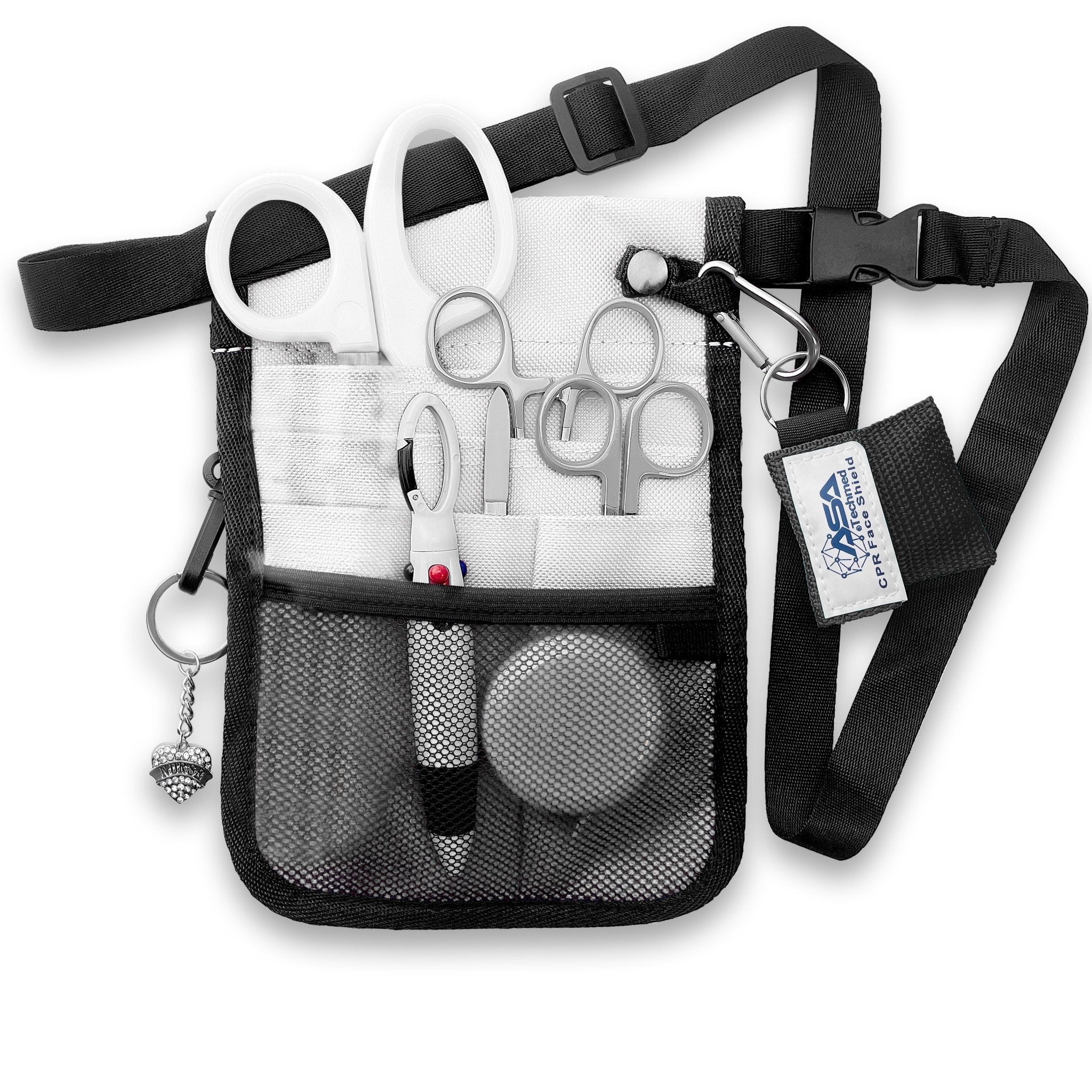 The white nurse organizer shown fully packed with all the included tools. The shears, scissors, and hemostats are tucked into the slip pockets, while the tape measure and pens sit in the mesh pocket. The CPR face shield and heart charm are clipped to the exterior rings, demonstrating how the kit looks when ready for use.