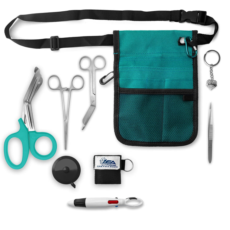 A top-down view of the complete nursing kit contents spread out. Items include the turquoise waist organizer with black belt, turquoise-handled trauma shears, stainless steel bandage scissors, straight hemostat forceps, a turquoise round retractable tape measure, a turquoise square CPR face shield keychain, metal tweezers, a multi-color pen, permanent markers on a clip, and a rhinestone heart charm reading "Nurse".