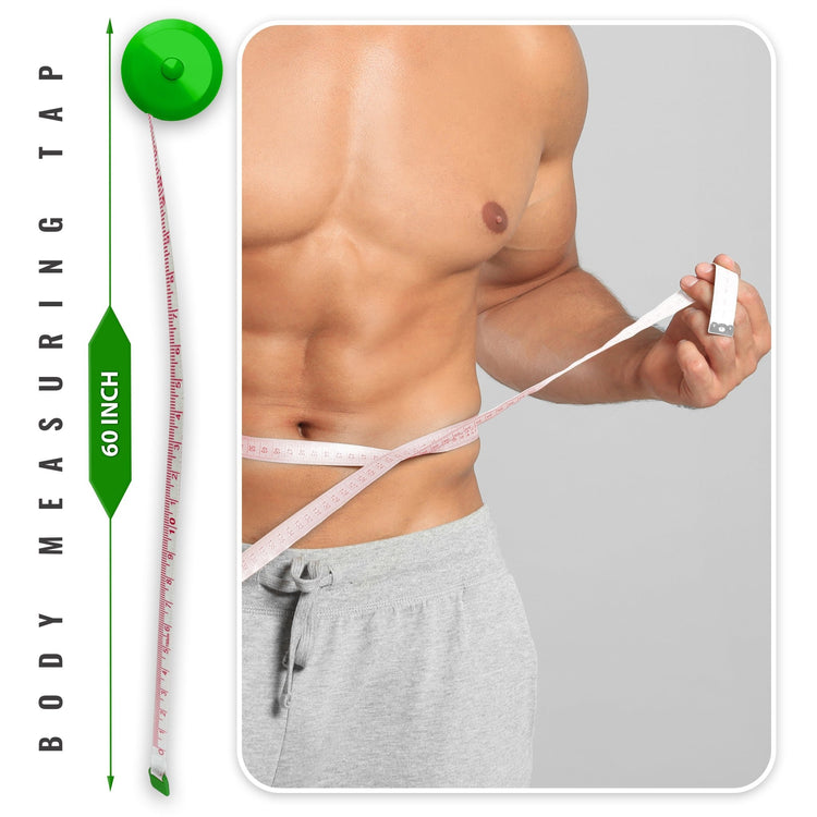 A green circular retractable body measuring tape shown next to a model measuring their waist. The graphic indicates the tape has a maximum length of 60 inches.