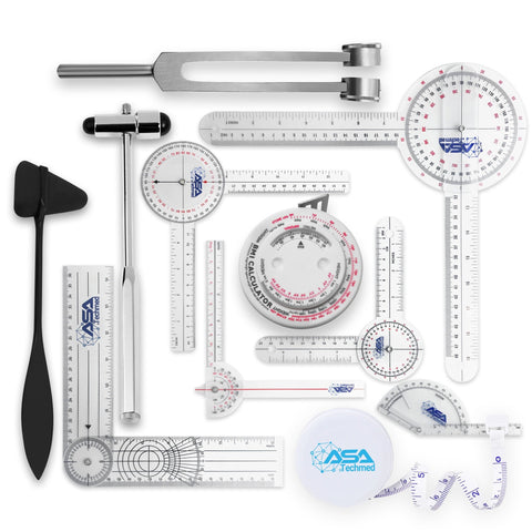 ASA Techmed Physical Therapy Goniometer Set – 8 - Piece ROM + Reflex Assessment Kit with Gait Belt & Bonus Tools - ASA TECHMED