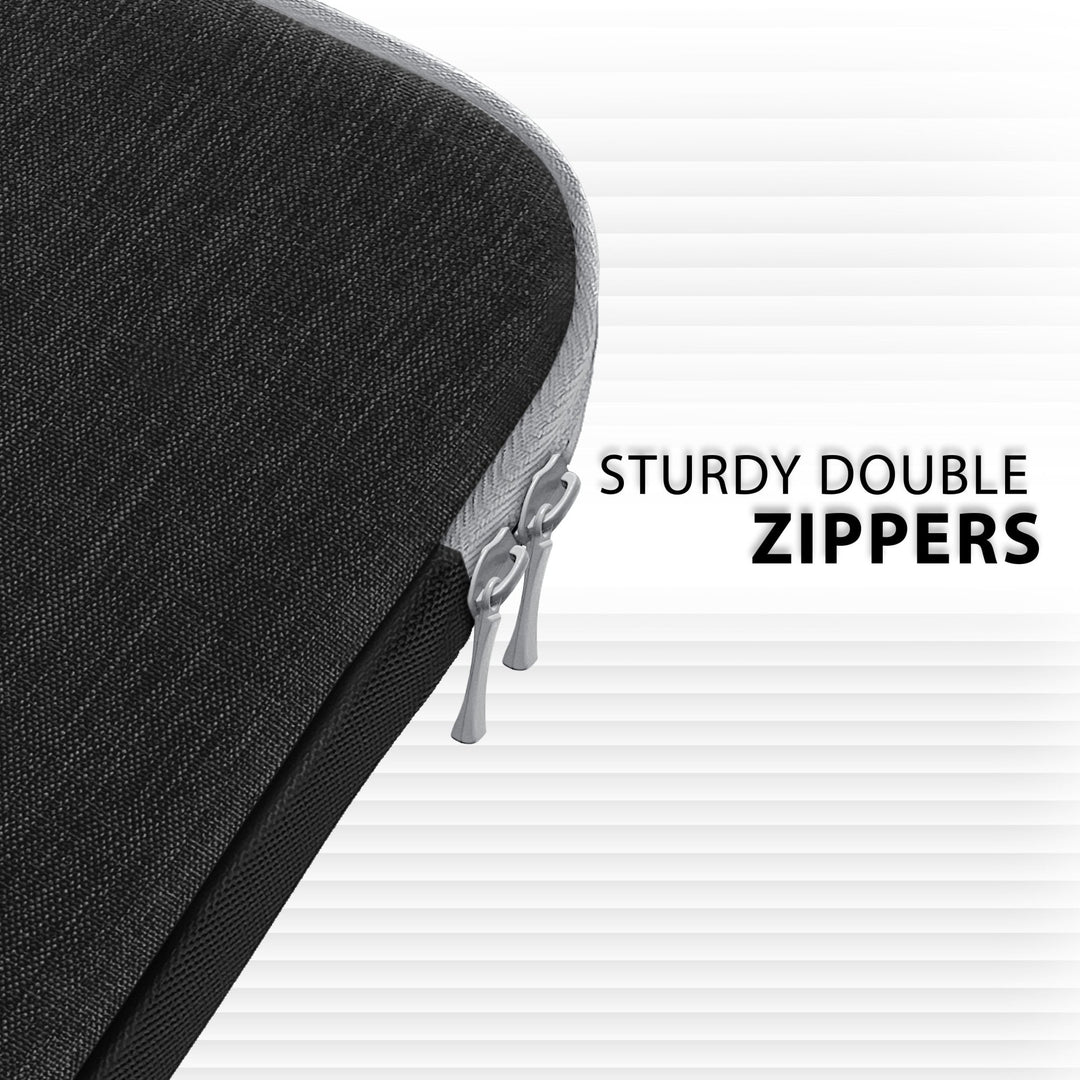 A close-up shot of the dual zipper mechanism on the black and gray case, with text identifying the "STURDY DOUBLE ZIPPERS" used for secure closure.