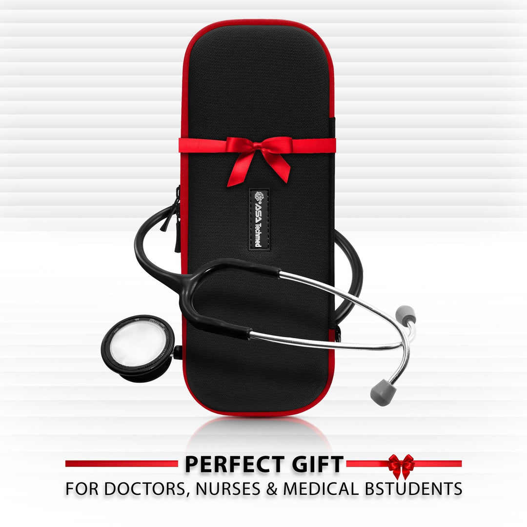 A promotional image of the closed black and red case decorated with a red ribbon and bow. A stethoscope is draped around it, and text at the bottom reads: "PERFECT GIFT FOR DOCTORS, NURSES & MEDICAL BSTUDENTS" (sic).