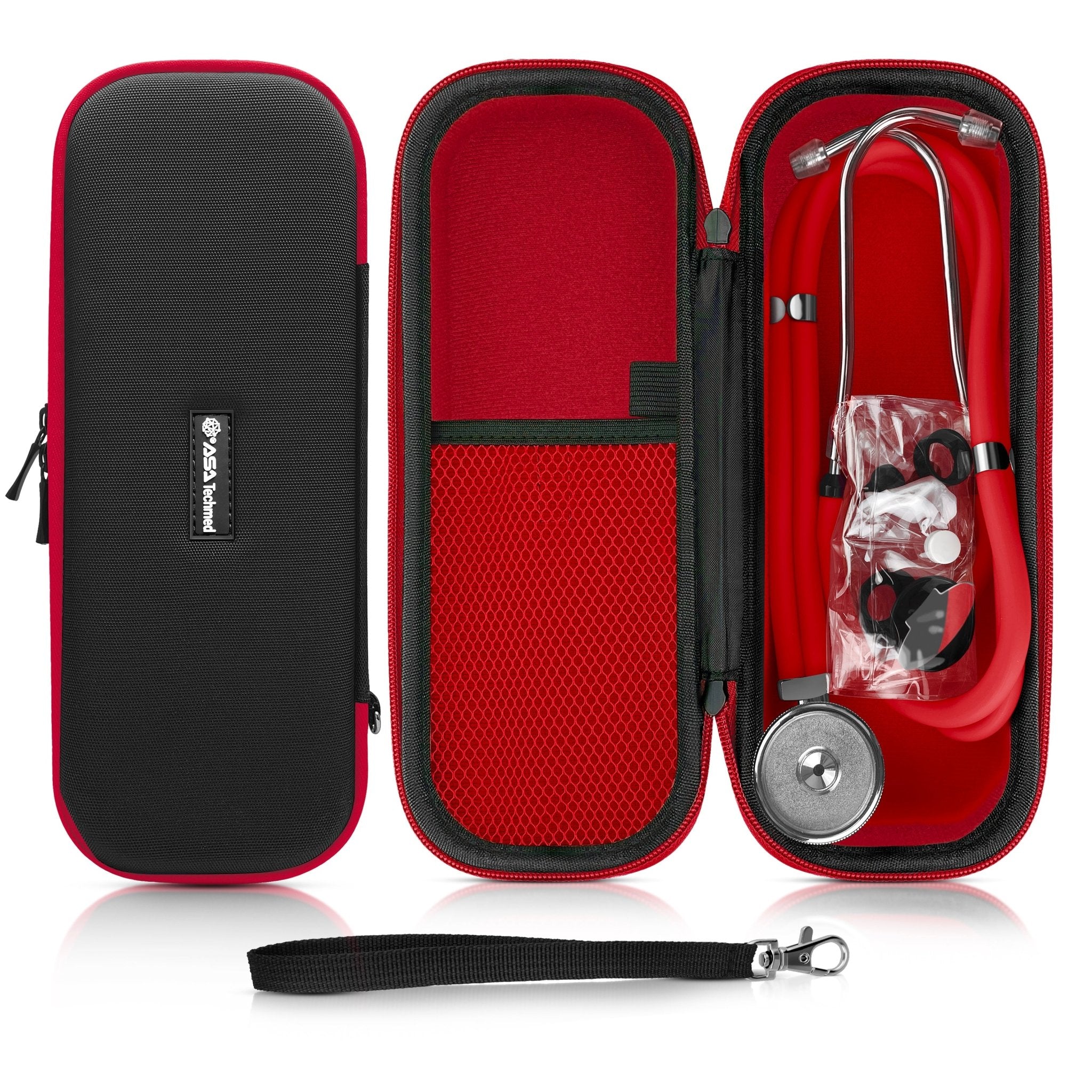A product layout showing a closed black and red stethoscope case next to an open one. The open case contains a red stethoscope and various accessories like extra earpieces and diaphragms secured in a mesh pocket. 