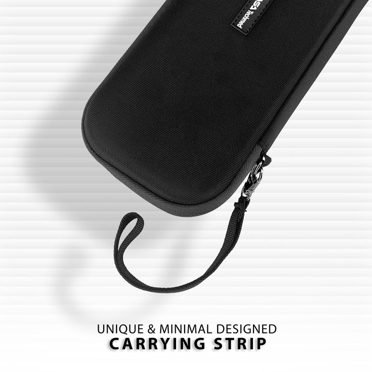 A close-up graphic of the corner of the black hard-shell case with black trim, focusing on the "unique and minimal designed carrying strip" attached to the zipper area.