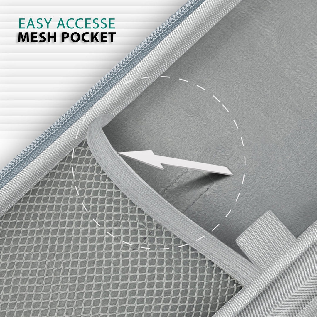 A detailed view looking inside the gray stethoscope case, highlighting the "easy accesse mesh pocket" (sic) on the left side, designed for organized storage of medical accessories.