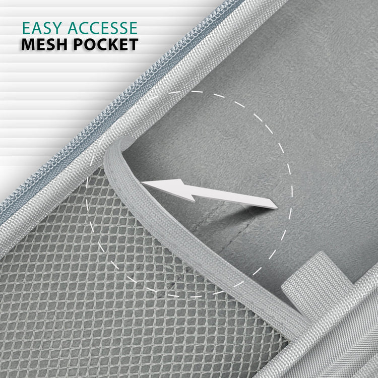 A detailed view looking inside the gray stethoscope case, highlighting the "easy accesse mesh pocket" (sic) on the left side, designed for organized storage of medical accessories.