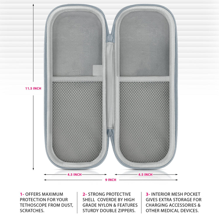 An informational graphic for an open gray stethoscope case showing its dimensions as 11.5 inches tall and 9 inches wide (4.5 inches per side). Text at the bottom highlights features including maximum protection from dust and scratches, a strong high-grade nylon protective shell with sturdy double zippers, and an interior mesh pocket for accessories.