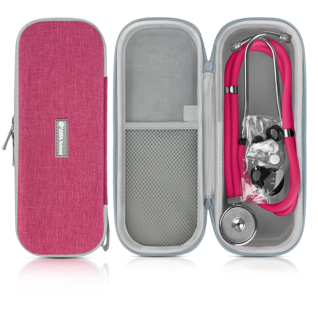 A product layout showing a closed gray and pink stethoscope case next to an open one. The open case contains a pink stethoscope and various accessories like extra earpieces and diaphragms secured in a mesh pocket. 