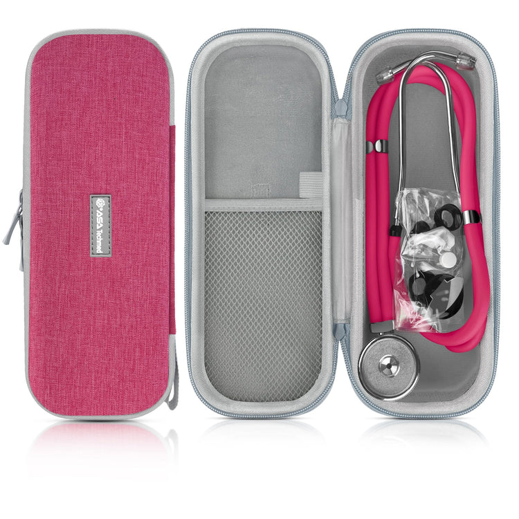 A product layout showing a closed gray and pink stethoscope case next to an open one. The open case contains a pink stethoscope and various accessories like extra earpieces and diaphragms secured in a mesh pocket. 