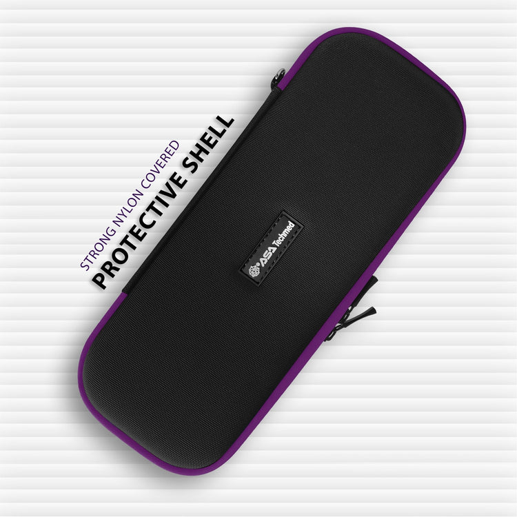 An angled view of the closed rectangular carrying case. Text on the left points to the "STRONG NYLON COVERED PROTECTIVE SHELL" that provides a durable exterior for the medical tools.