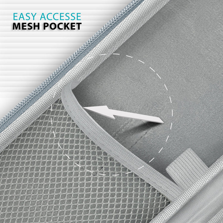 A detailed view looking inside the gray stethoscope case, highlighting the "easy accesse mesh pocket" (sic) on the left side, designed for organized storage of medical accessories.