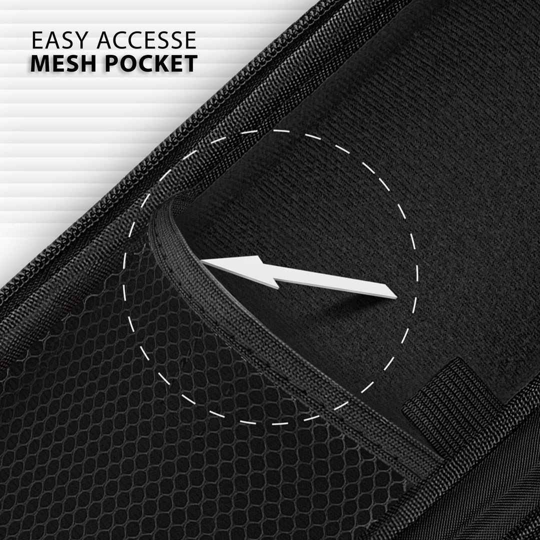 A detailed view looking inside the black stethoscope case, highlighting the "easy accesse mesh pocket" (sic) on the left side, designed for organized storage of medical accessories.