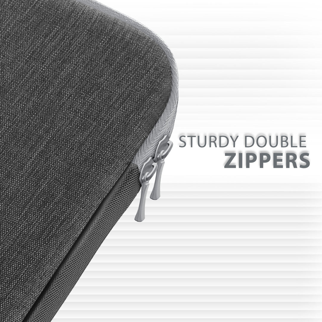 A close-up shot of the dual zipper mechanism on the gray and gray case, with text identifying the "STURDY DOUBLE ZIPPERS" used for secure closure.