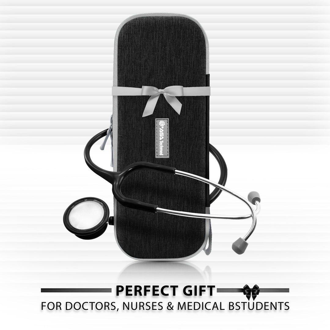 A promotional image of the closed black and gray case decorated with a gray ribbon and bow. A stethoscope is draped around it, and text at the bottom reads: "PERFECT GIFT FOR DOCTORS, NURSES & MEDICAL BSTUDENTS" (sic).